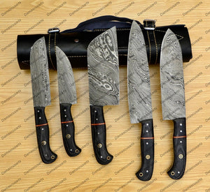 Personalized Custom Handmade Damascus Chef set Of 5pcs With Leather Cover, Kitchen Knife, Damascus Knife Set, Kitchen knives With Leather Sheath