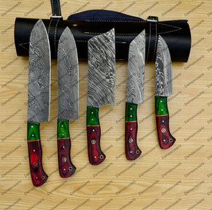 Personalized Custom Handmade Damascus Chef set Of 5pcs With Leather Cover, Kitchen Knife, Damascus Knife Set, Kitchen knives With Leather Sheath