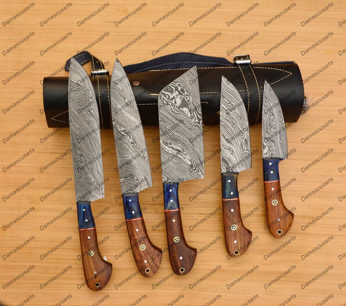 Personalized Custom Handmade Damascus Chef set Of 5pcs With Leather Cover, Kitchen Knife, Damascus Knife Set, Kitchen knives With Leather Sheath