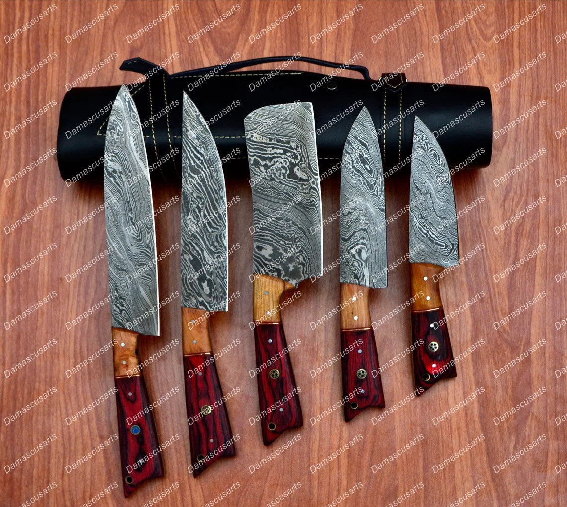 Personalized Custom Handmade Damascus Chef set Of 5pcs With Leather Cover, Kitchen Knife, Damascus Knife Set, Kitchen knives With Leather Sheath