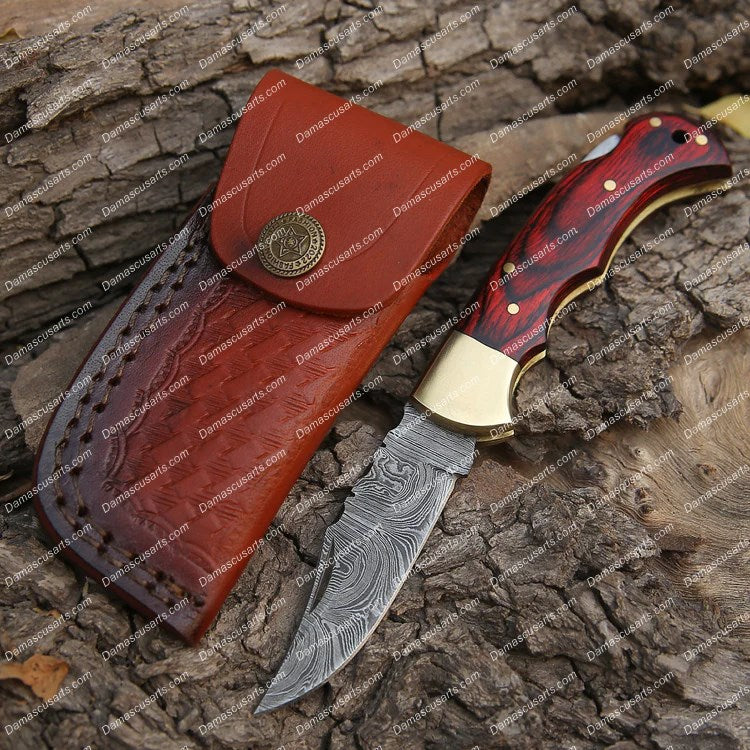 Personalized Custom Handmade Damascus Steel Pocket Folding Knife Stained Wood Handle With Leather Sheath