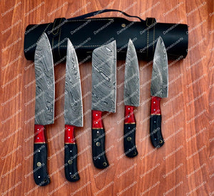 Personalized Custom Handmade Damascus Chef set Of 5pcs With Leather Cover, Kitchen Knife, Damascus Knife Set, Kitchen knives With Leather Sheath