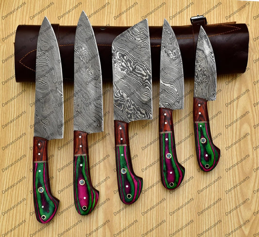 Personalized Custom Handmade Damascus Chef set Of 5pcs With Leather Cover, Kitchen Knife, Damascus Knife Set, Kitchen knives With Leather Sheath