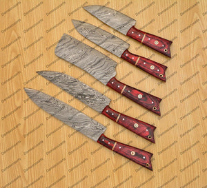 Personalized Custom Handmade Damascus Chef set Of 5pcs With Leather Cover, Kitchen Knife, Damascus Knife Set, Kitchen knives With Leather Sheath