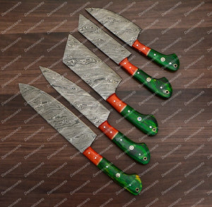 Personalized Custom Handmade Damascus Chef set Of 5pcs With Leather Cover, Kitchen Knife, Damascus Knife Set,Kitchen knives With Leather Sheath