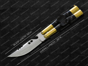 Personalized Custom Handmade 440c Stainless Steel Original Filipino Balisong Butterfly Knife Brass with Carabao Horn Inserts with Leather Sheath