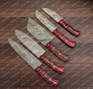 Personalized Custom Handmade Damascus Chef set Of 5pcs With Leather Cover, Kitchen Knife, Damascus Knife Set, Kitchen knives With Leather Sheath