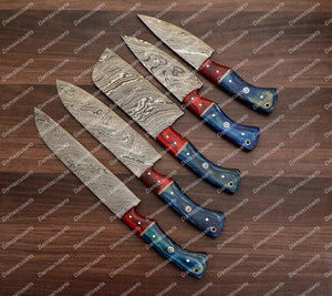 Personalized Custom Handmade Damascus Chef set Of 5pcs With Leather Cover, Kitchen Knife, Damascus Knife Set, Kitchen knives With Leather Sheath