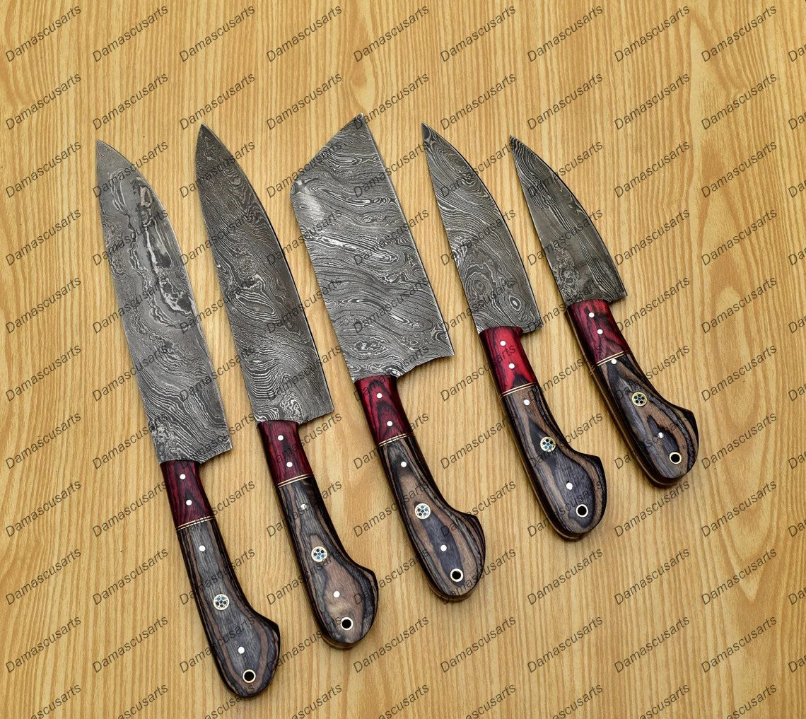 Personalized Custom Handmade Damascus Chef set Of 5pcs With Leather Cover, Kitchen Knife, Damascus Knife Set, Kitchen knives With Leather Sheath