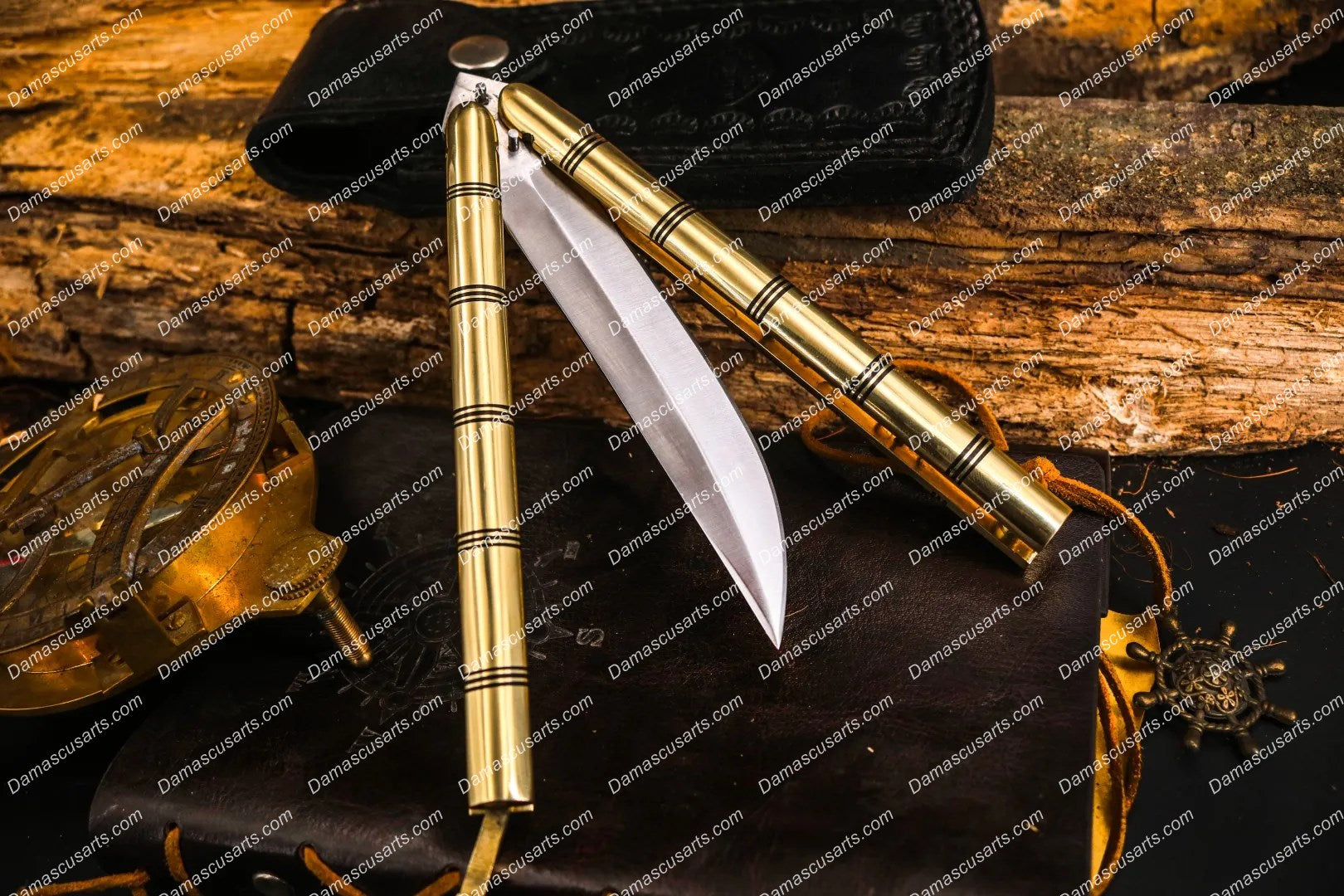 Personalized Custom Handmade High Carbon Steel Filipino Balisongs Butterfly Brass World Class Knives with Leather Sheath