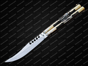 Personalized Custom Handmade D2 Tool Steel Original Filipino Balisong Butterfly Knife Brass with Carabao and Deer Horn Inserts World Class Knives with Leather Sheath