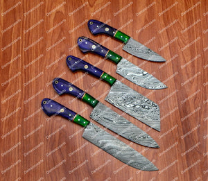 Personalized Custom Handmade Damascus Chef set Of 5pcs With Leather Cover, Kitchen Knife, Damascus Knife Set, Kitchen knives With Leather Sheath