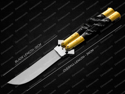 Personalized Custom Handmade 440c Stainless Steel Original Filipino Balisongs Butterfly Knife Brass with Carabao Horn Inserts with Leather Sheath