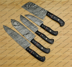 Personalized Custom Handmade Damascus Chef set Of 5pcs With Leather Cover, Kitchen Knife, Damascus Knife Set, Kitchen knives With Leather Sheath