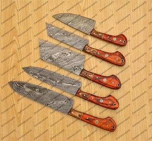 Personalized Custom Handmade Damascus Chef set Of 5pcs With Leather Cover, Kitchen Knife, Damascus Knife Set, Kitchen knives With Leather Sheath