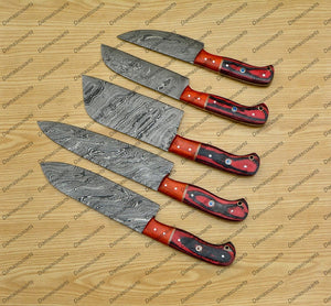 Personalized Custom Handmade Damascus Chef set Of 5pcs With Leather Cover, Kitchen Knife, Damascus Knife Set, Kitchen knives With Leather Sheath