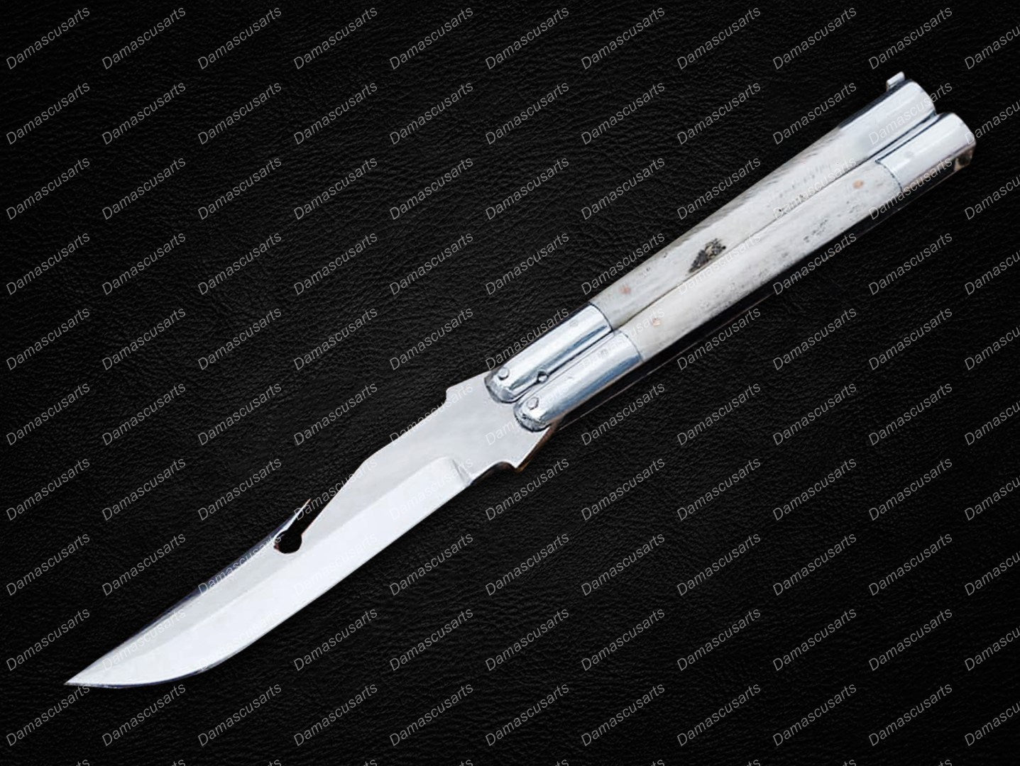 Personalized Custom Handmade D2 Tool Steel Original Filipino Balisong Butterfly Knife Stainless Steel with Bone Inserts World Class Knives with Leather Sheath