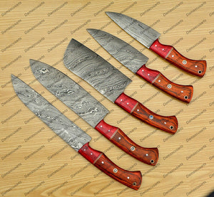 Personalized Custom Handmade Damascus Chef set Of 5pcs With Leather Cover, Kitchen Knife, Damascus Knife Set, Kitchen knives With Leather Sheath