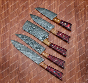 Personalized Custom Handmade Damascus Chef set Of 5pcs With Leather Cover, Kitchen Knife, Damascus Knife Set, Kitchen knives With Leather Sheath