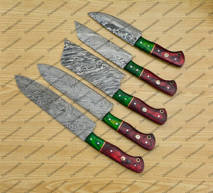 Personalized Custom Handmade Damascus Chef set Of 5pcs With Leather Cover, Kitchen Knife, Damascus Knife Set, Kitchen knives With Leather Sheath