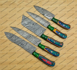 Personalized Custom Handmade Damascus Chef set Of 5pcs With Leather Cover, Kitchen Knife, Damascus Knife Set, Kitchen knives With Leather Sheath