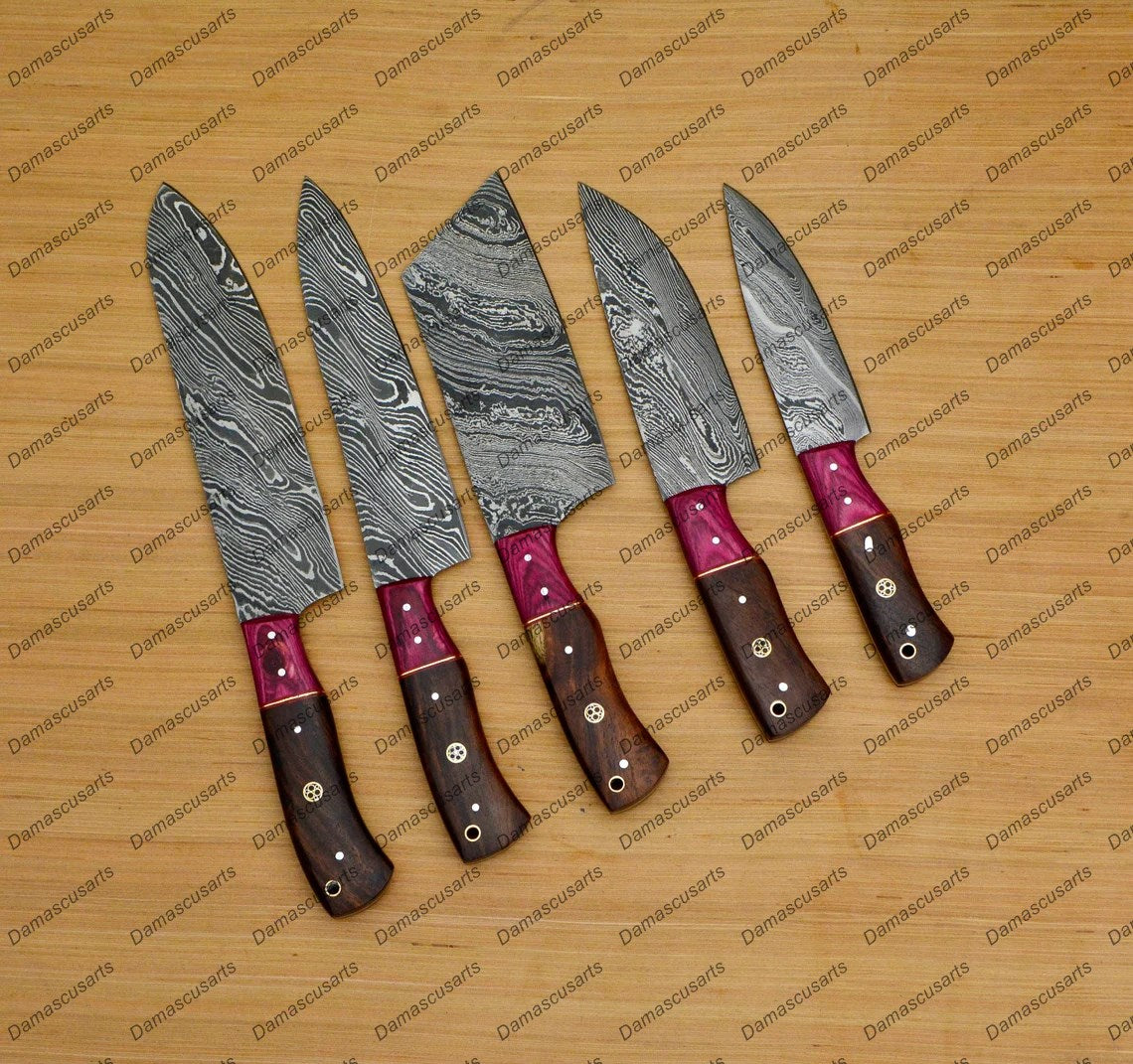 Personalized Custom Handmade Damascus Chef set Of 5pcs With Leather Cover, Kitchen Knife, Damascus Knife Set, Kitchen knives With Leather Sheath