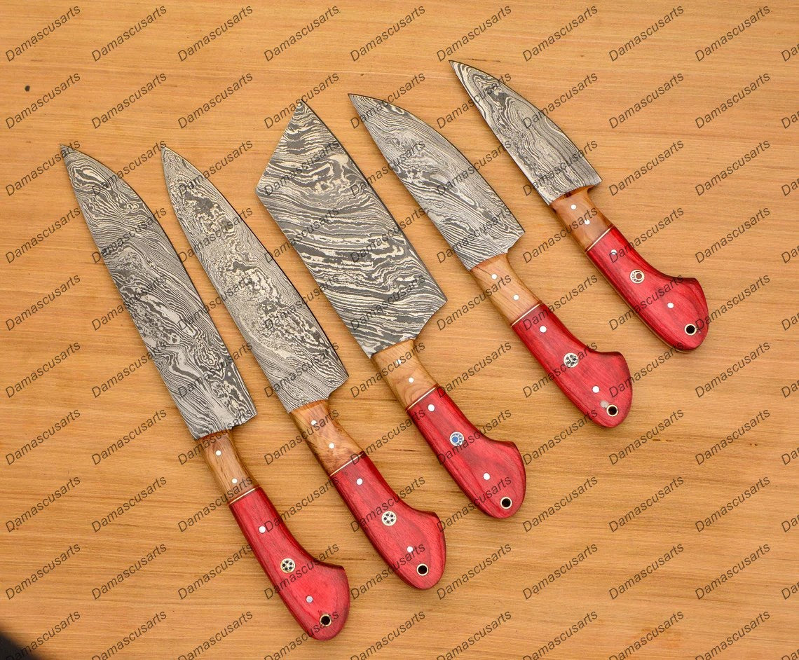 Personalized Custom Handmade Damascus Chef set Of 5pcs With Leather Cover, Kitchen Knife, Damascus Knife Set, Kitchen knives With Leather Sheath