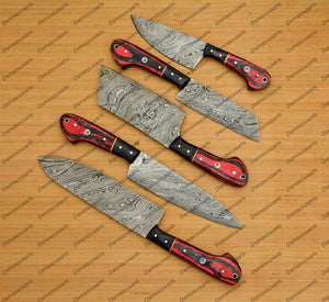 Personalized Custom Handmade Damascus Chef set Of 5pcs With Leather Cover, Kitchen Knife, Damascus Knife Set, Kitchen knives With Leather Sheath