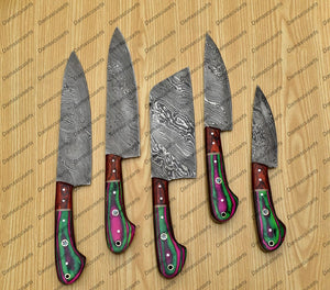 Personalized Custom Handmade Damascus Chef set Of 5pcs With Leather Cover, Kitchen Knife, Damascus Knife Set, Kitchen knives With Leather Sheath