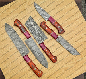 Personalized Custom Handmade Damascus Chef set Of 5pcs With Leather Cover, Kitchen Knife, Damascus Knife Set, Kitchen knives With Leather Sheath