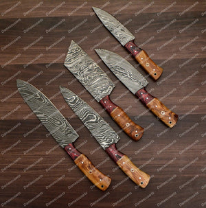 Personalized Custom Handmade Damascus Chef set Of 5pcs With Leather Cover, Kitchen Knife, Damascus Knife Set, Kitchen knives With Leather Sheath