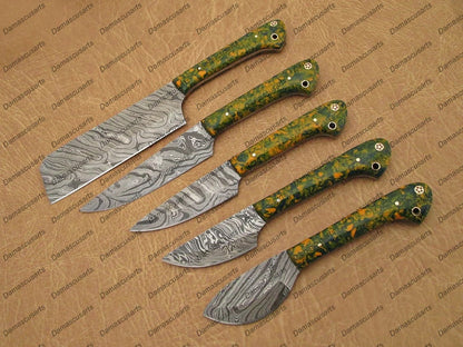 Personalized Custom Handmade Top Quality Damascus Steel Kitchen & Dinner Gift Chef Set Housewarming Gift Wedding Gift with Leather Sheath