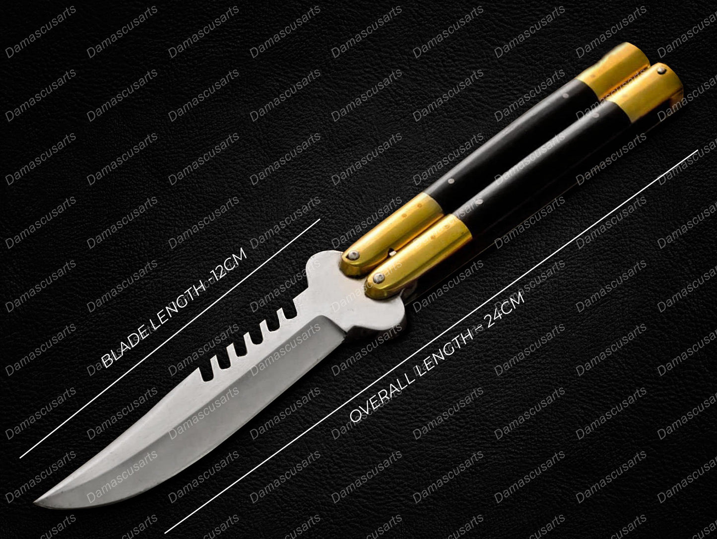 Personalized Custom Handmade 440c Stainless Steel Original Filipino Balisong Butterfly Knife Brass with Kamagong Wood Inserts with Leather Sheath