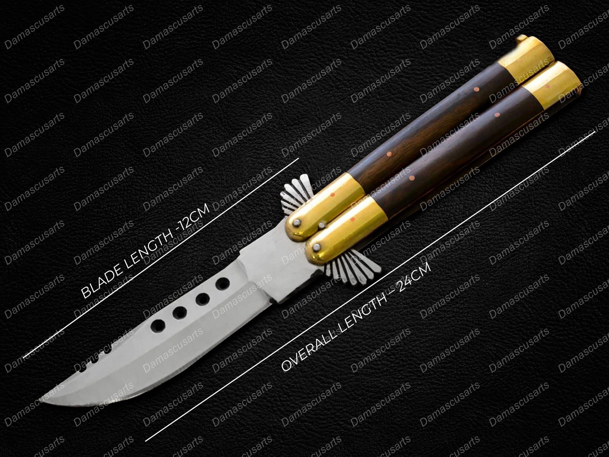 Personalized Custom Handmade 440c Stainless Steel Original Filipino Balisong Butterfly Knife Brass with Kamagong Wood Inserts Included Leather Sheath