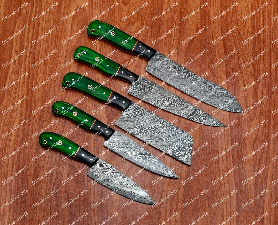 Personalized Custom Handmade Damascus Chef set Of 5pcs With Leather Cover, Kitchen Knife, Damascus Knife Set, Kitchen knives With Leather Sheath