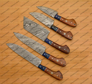 Personalized Custom Handmade Damascus Chef set Of 5pcs With Leather Cover, Kitchen Knife, Damascus Knife Set, Kitchen knives With Leather Sheath