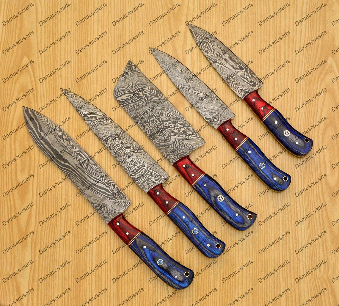 Personalized Custom Handmade Damascus Chef set Of 5pcs With Leather Cover, Kitchen Knife, Damascus Knife Set, Kitchen knives With Leather Sheath