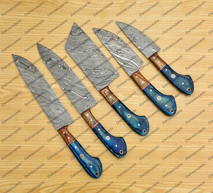 Personalized Custom Handmade Damascus Chef set Of 5pcs With Leather Cover, Kitchen Knife, Damascus Knife Set, Kitchen knives With Leather Sheath