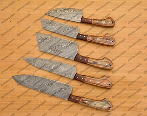 Personalized Custom Handmade Damascus Chef set Of 5pcs With Leather Cover, Kitchen Knife, Damascus Knife Set, Kitchen knives With Leather Sheath