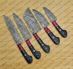 Personalized Custom Handmade Damascus Chef set Of 5pcs With Leather Cover, Kitchen Knife, Damascus Knife Set, Kitchen knives With Leather Sheath