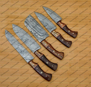 Personalized Custom Handmade Damascus Chef set Of 5pcs With Leather Cover, Kitchen Knife, Damascus Knife Set, Kitchen knives With Leather Sheath