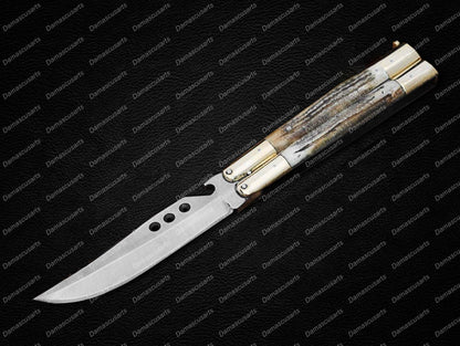 Personalized Custom Handmade D2 Tool Steel Original Filipino Balisong Butterfly Knife Brass with Jigged Bone Inserts World Class Knives with Leather Sheath