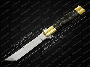 Personalized Custom Handmade Vg10 Original Filipino Balisong Butterfly Knife Brass with Carabao Horn Inserts Inserts with Leather Sheath