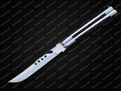 Personalized Custom Handmade D2 Tool Steel Original Filipino Balisong Butterfly Knife Stainless Steel with Kamagong Wood World Class Knives with Leather Sheath