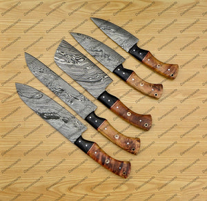 Personalized Custom Handmade Damascus Chef set Of 5pcs With Leather Cover, Kitchen Knife, Damascus Knife Set, Kitchen knives With Leather Sheath