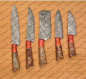 Personalized Custom Handmade Damascus Chef set Of 5pcs With Leather Cover, Kitchen Knife, Damascus Knife Set, Kitchen knives With Leather Sheath