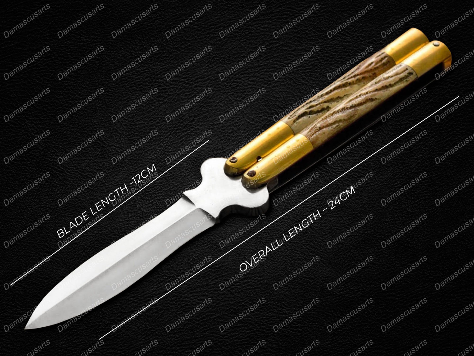 Personalized Custom Handmade 440c Stainless Steel Original Filipino Balisongs Butterfly Knife Brass with Bone Inserts with Leather Sheath