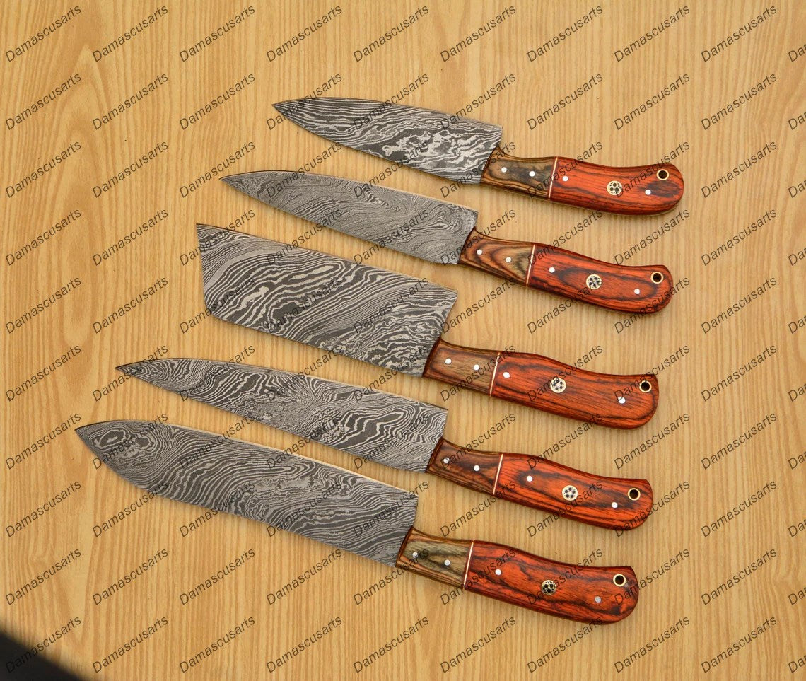 Personalized Custom Handmade Damascus Chef set Of 5pcs With Leather Cover, Kitchen Knife, Damascus Knife Set, Kitchen knives With Leather Sheath