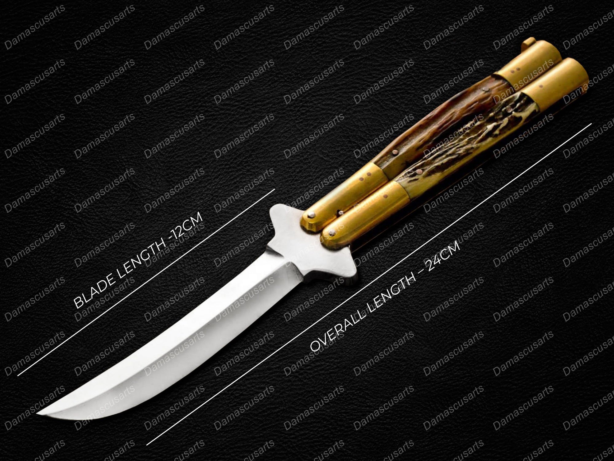 Personalized Custom Handmade 440c Stainless Steel Original Filipino Balisongs Butterfly Knife Brass with Philippine Deer Horn Inserts with Leather Sheath