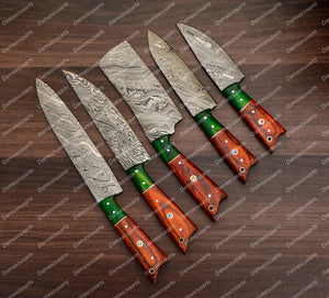 Personalized Custom Handmade Damascus Chef set Of 5pcs With Leather Cover, Kitchen Knife, Damascus Knife Set, Kitchen knives With Leather Sheath